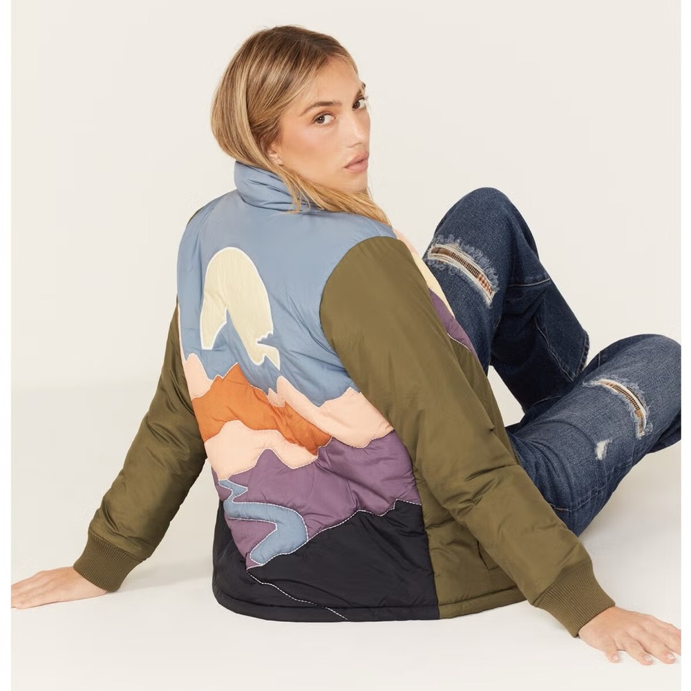Cleo + Wolf Women's Rising Sun Color Block Puffer Jacket Mountain Boho Size XL - Picture 2 of 8